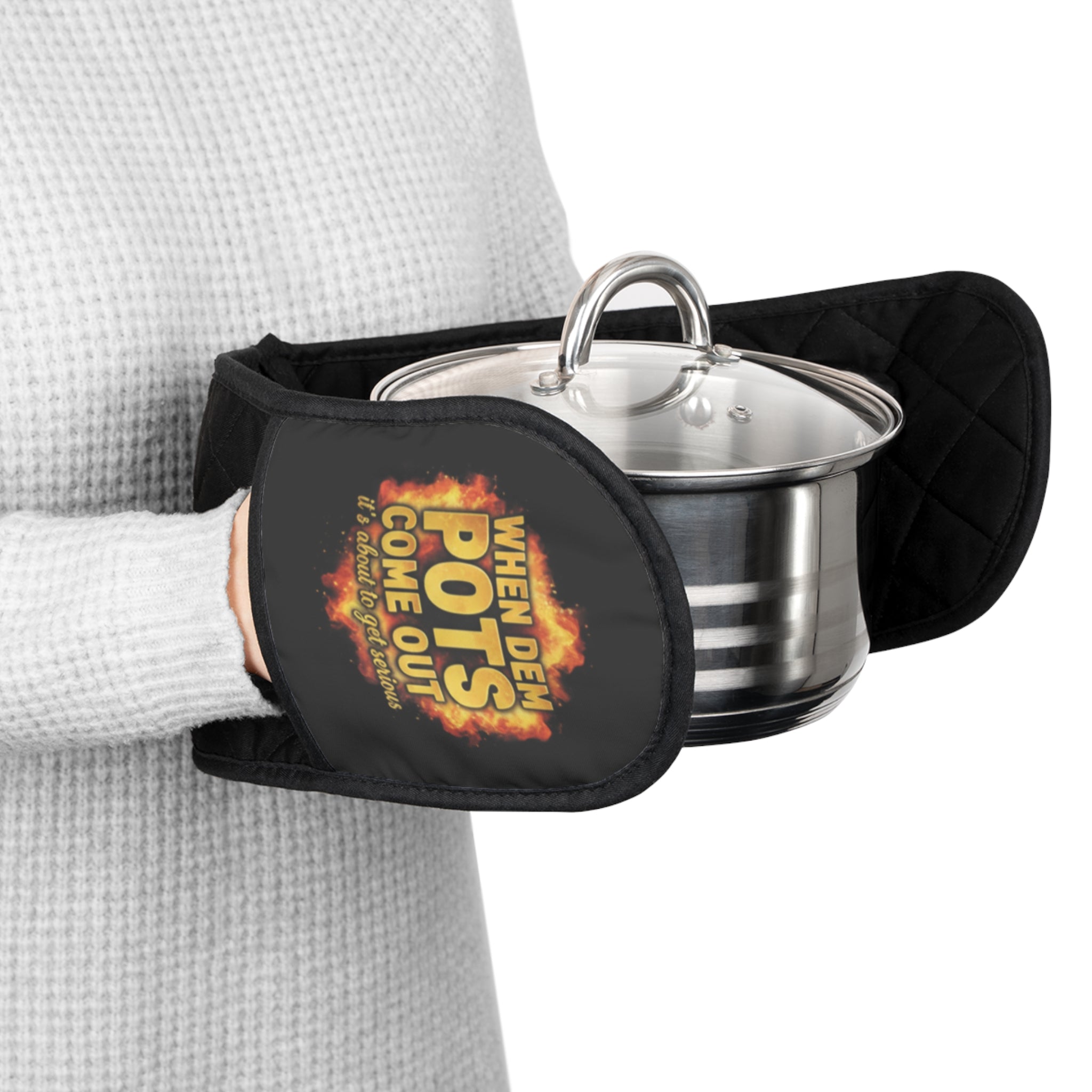 Oven Mitts - Double Pot Holder with 'Too Hot To Handle' Flame Design, Heat-Resistant Kitchen Protector